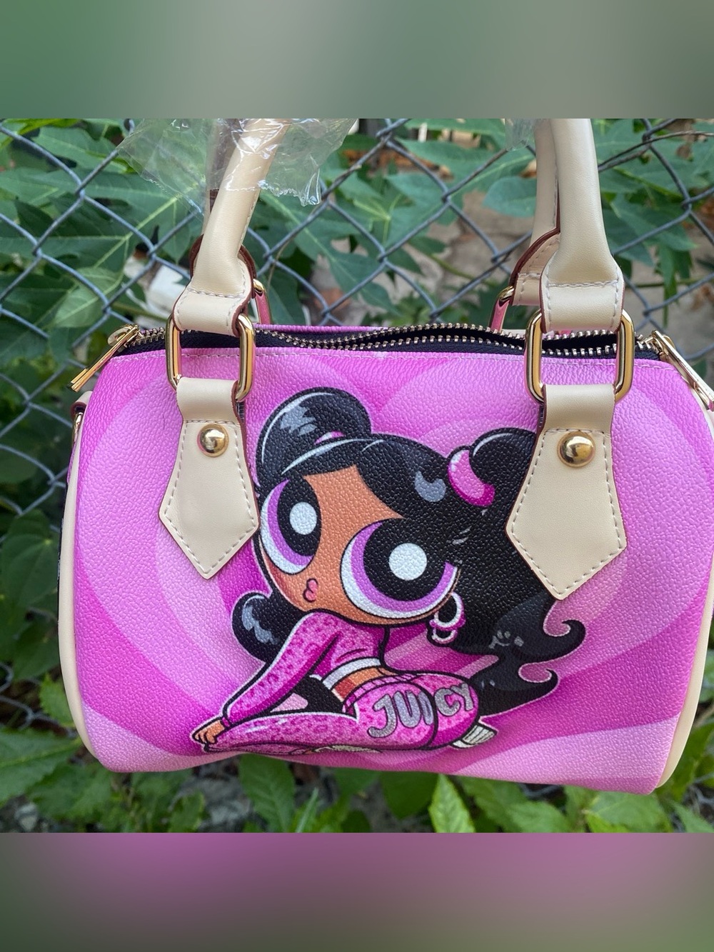 Othr Pink Mini Satchel with Cream Handles and Cartoon Graphic